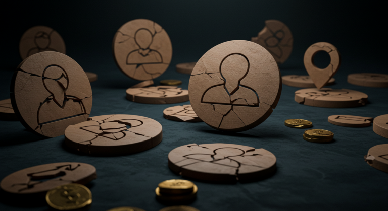Digital art, ultra-realistic, 8K. Various icons representing demographic data (age, gender, income, location symbols). The icons are cracked, broken, or faded, symbolizing their insufficiency. Dark background, dramatic lighting.